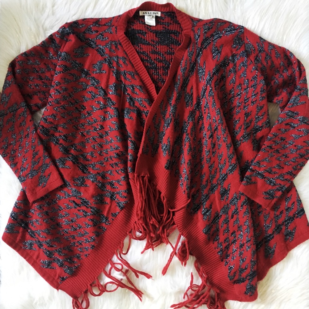 CAvalin Open Front Red Fringe Angora Cardigan